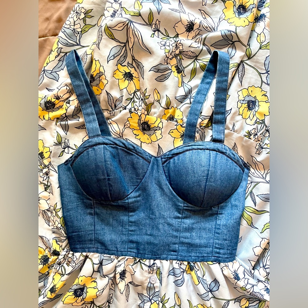 Band of the Free Blue & Yellow Floral Denim summer sun Dress, size Medium GUC